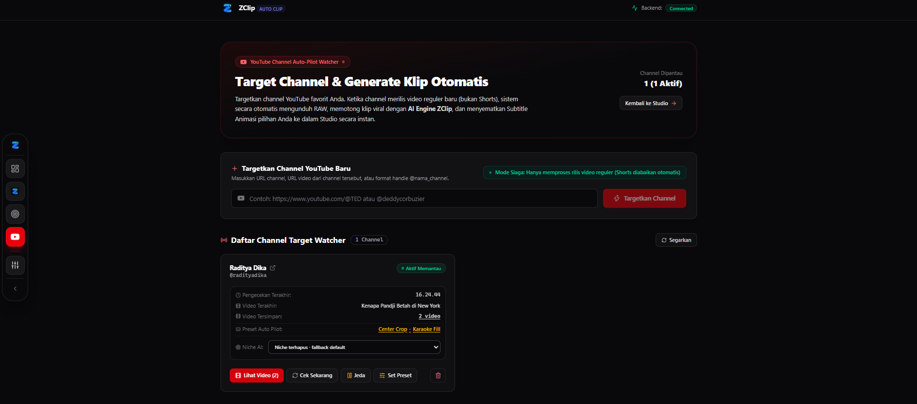 YouTube Channel Watcher ZClip dengan channel yang dipantau, video tersimpan, preset, niche, tombol cek, dan jeda