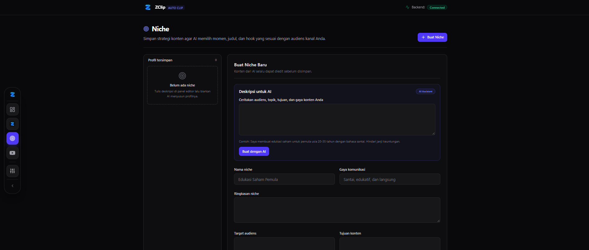 Editor profil niche ZClip dengan deskripsi untuk AI, nama niche, gaya komunikasi, target audiens, dan tujuan konten