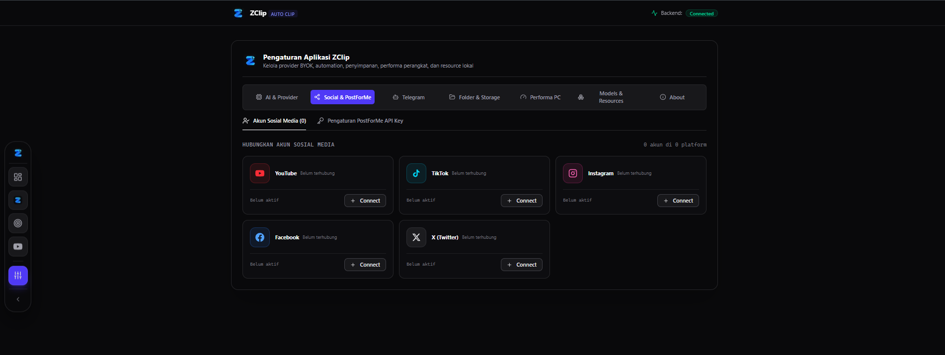 Pengaturan koneksi akun sosial ZClip untuk YouTube, TikTok, Instagram, Facebook, dan X melalui integrasi sosial