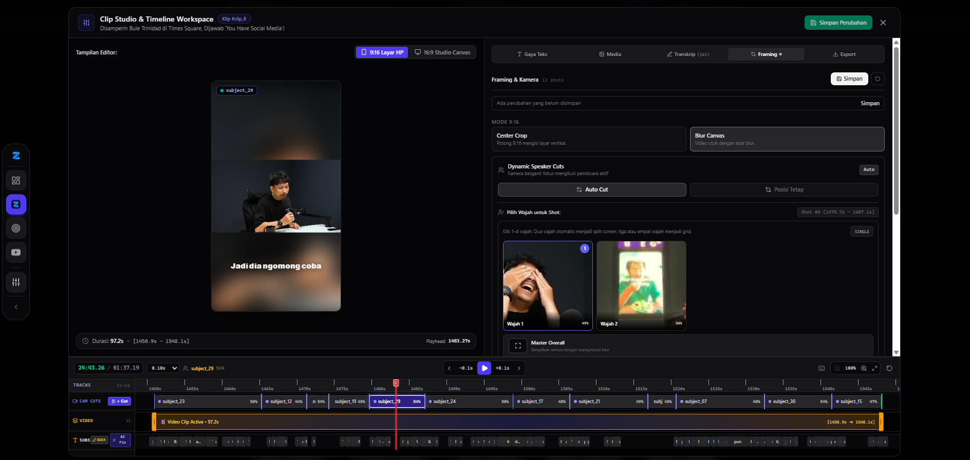 Panel framing ZClip dengan Blur Canvas, Dynamic Speaker Cuts, pilihan wajah per shot, dan preview video vertikal