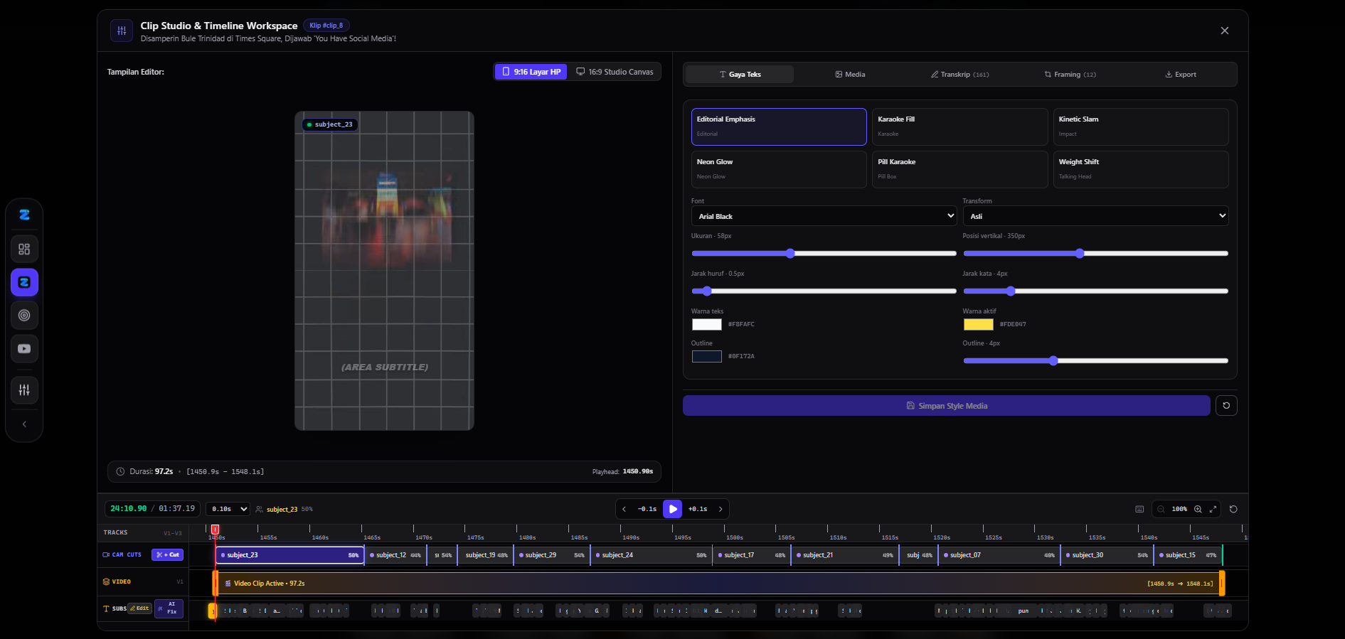 Clip Studio ZClip dengan preview 9:16, pilihan gaya subtitle, pengaturan font dan warna, serta timeline video, camera cuts, dan subtitle per kata