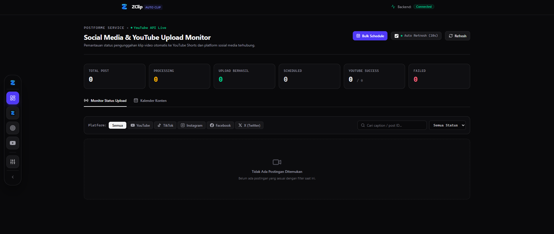 Dashboard monitor unggahan ZClip dengan jumlah tugas, status berhasil dan gagal, filter platform, bulk schedule, dan kalender konten