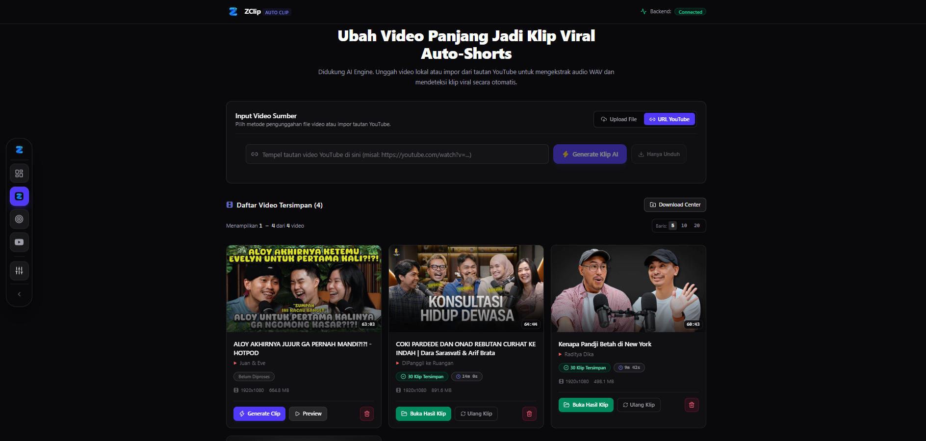 Pustaka video ZClip dengan unggah file, input URL YouTube, video tersimpan, Generate Clip, dan Download Center